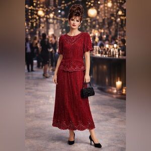 Vintage Scala Garnet Silk Beaded Skirt Set L 90s Evening Formal India